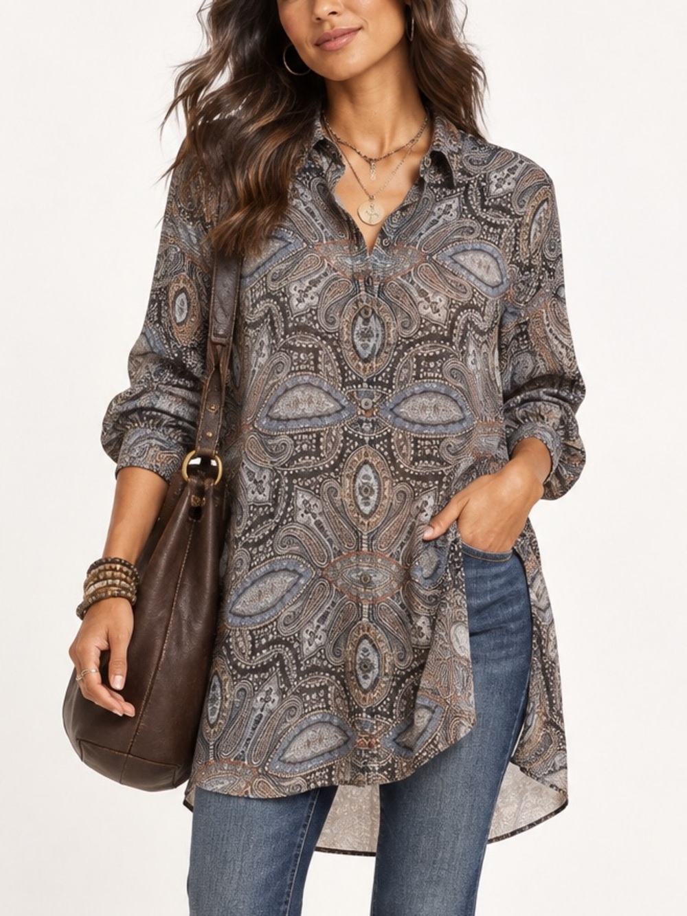 J. Jill Paisley Tunic Blouse Top Blue Gray Button Front Boho Chic Medium